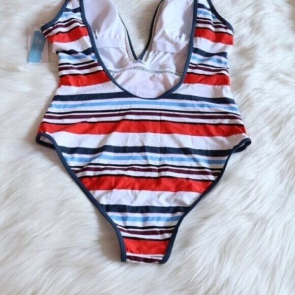 NWT Stripe Print One Piece Bathing Suit Size Large White Orange Blue Swimsuit - Picture 8 of 11